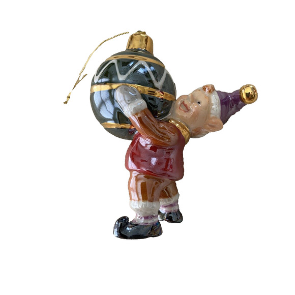 Vtg Christmas Elf Holding Ball Ornament Glossy Colorful Ceramic 5" Ornament - Picture 1 of 7